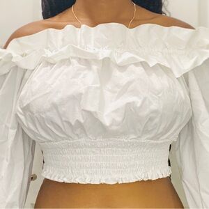 Forever 21, white, off the shoulder, ruffle shirt, with bubble sleeves